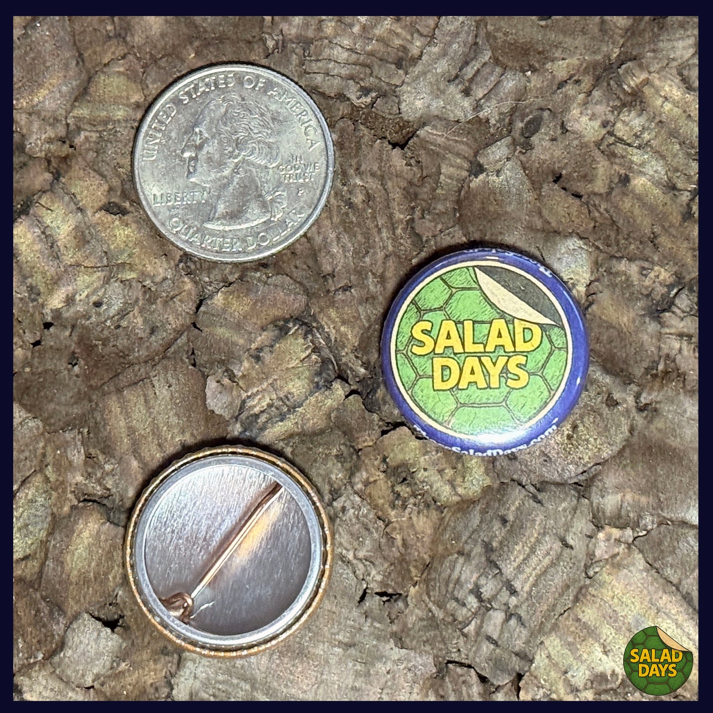 Two buttons on a textured surface, one labeled 'Salad Days' with a coin for scale showing the 1" button size.