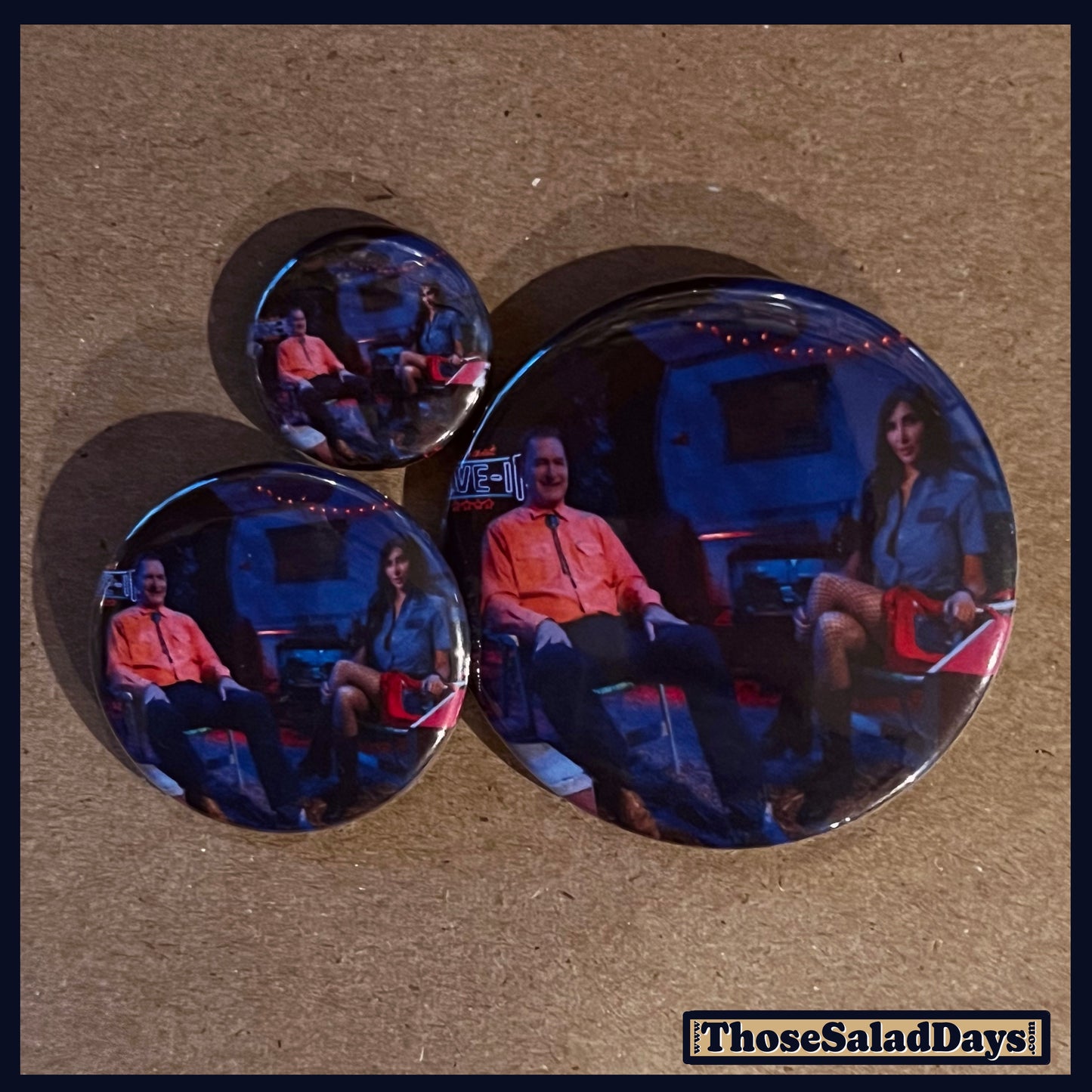Three buttons of a Last Drive-In Image. One size is 1", 1.5" and 2.25".