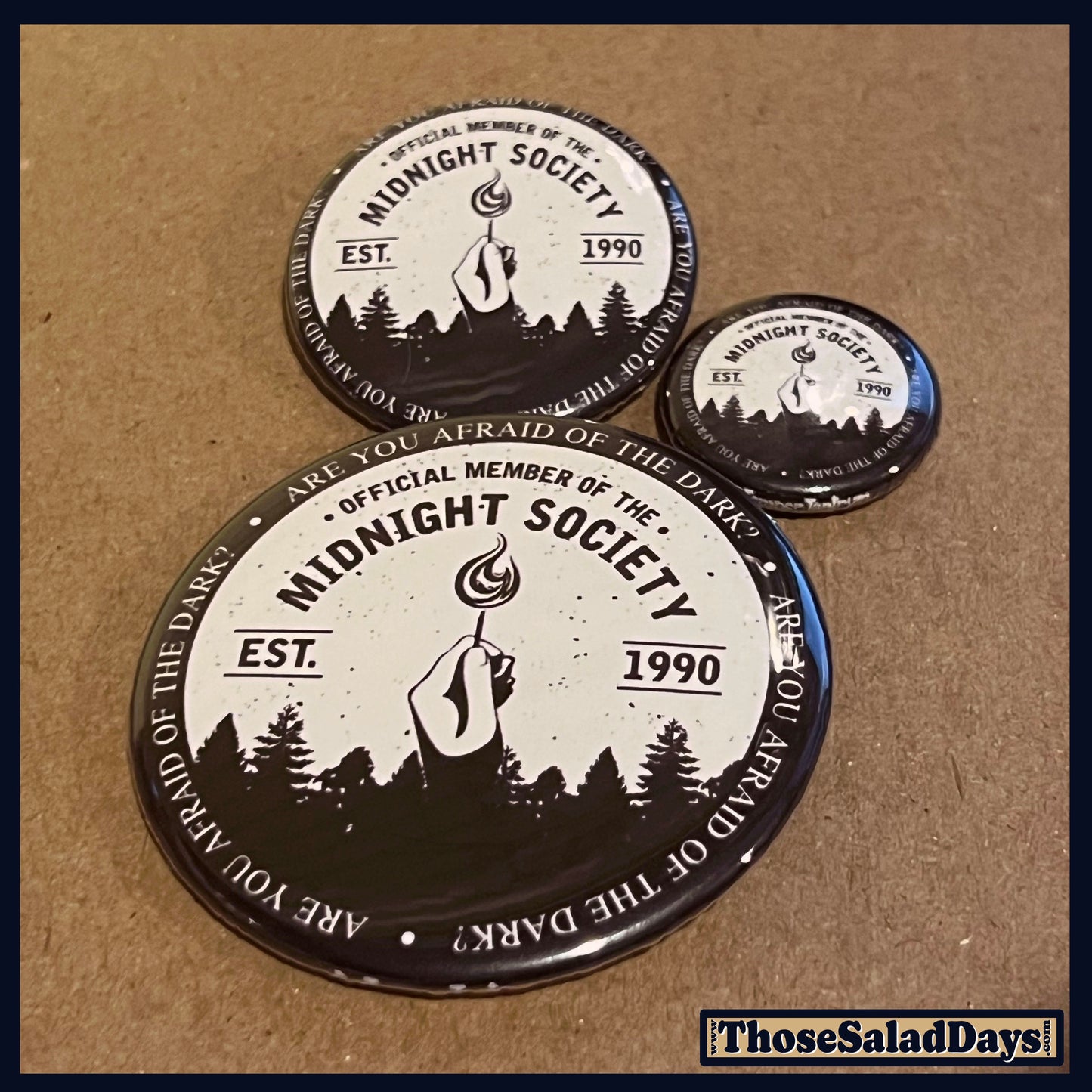 Three 'Midnight Society' coasters on a brown background with 'ThoseSaladDays' branding.