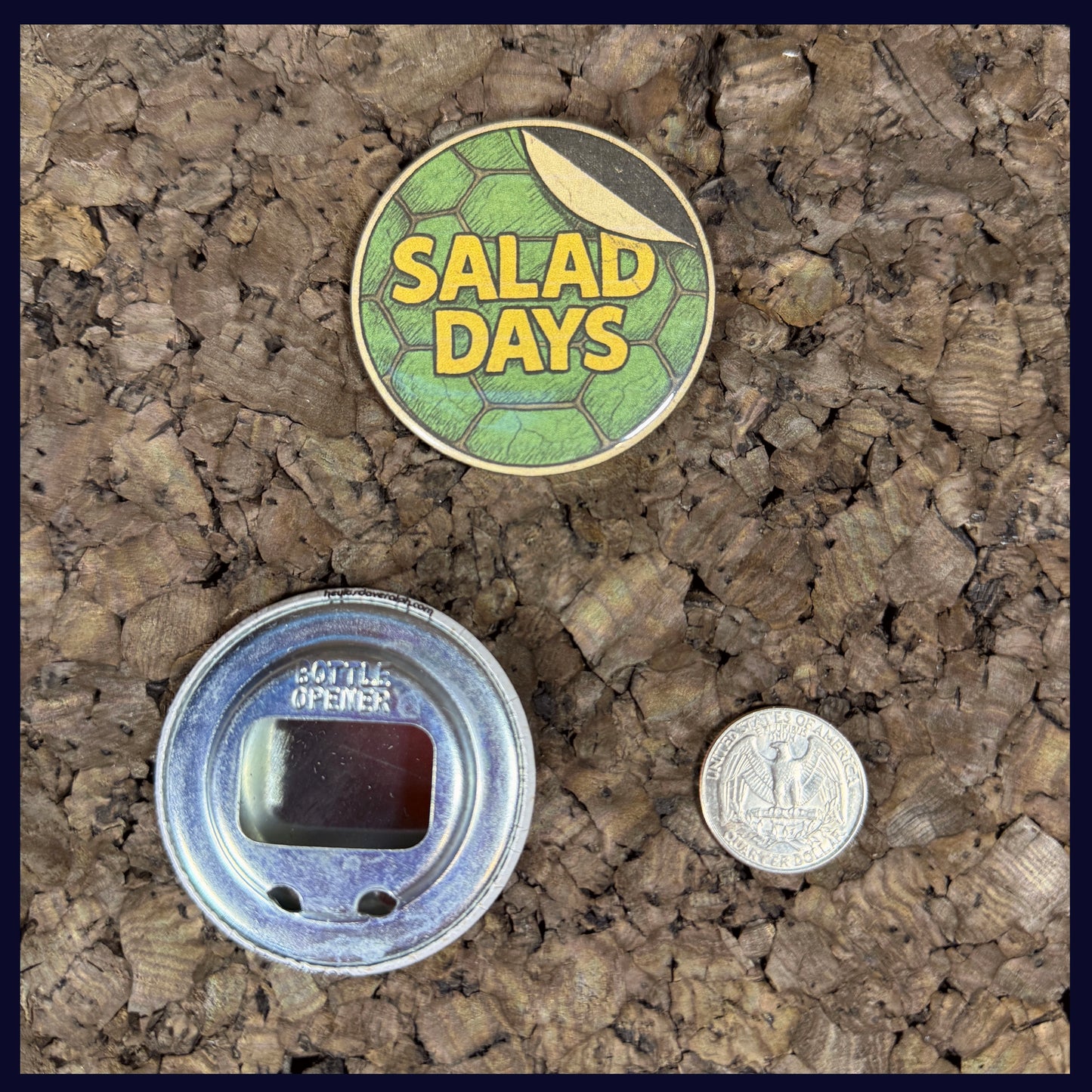 Two 2.25" Bottle Openers; showing the front and back with a quarter for scale.