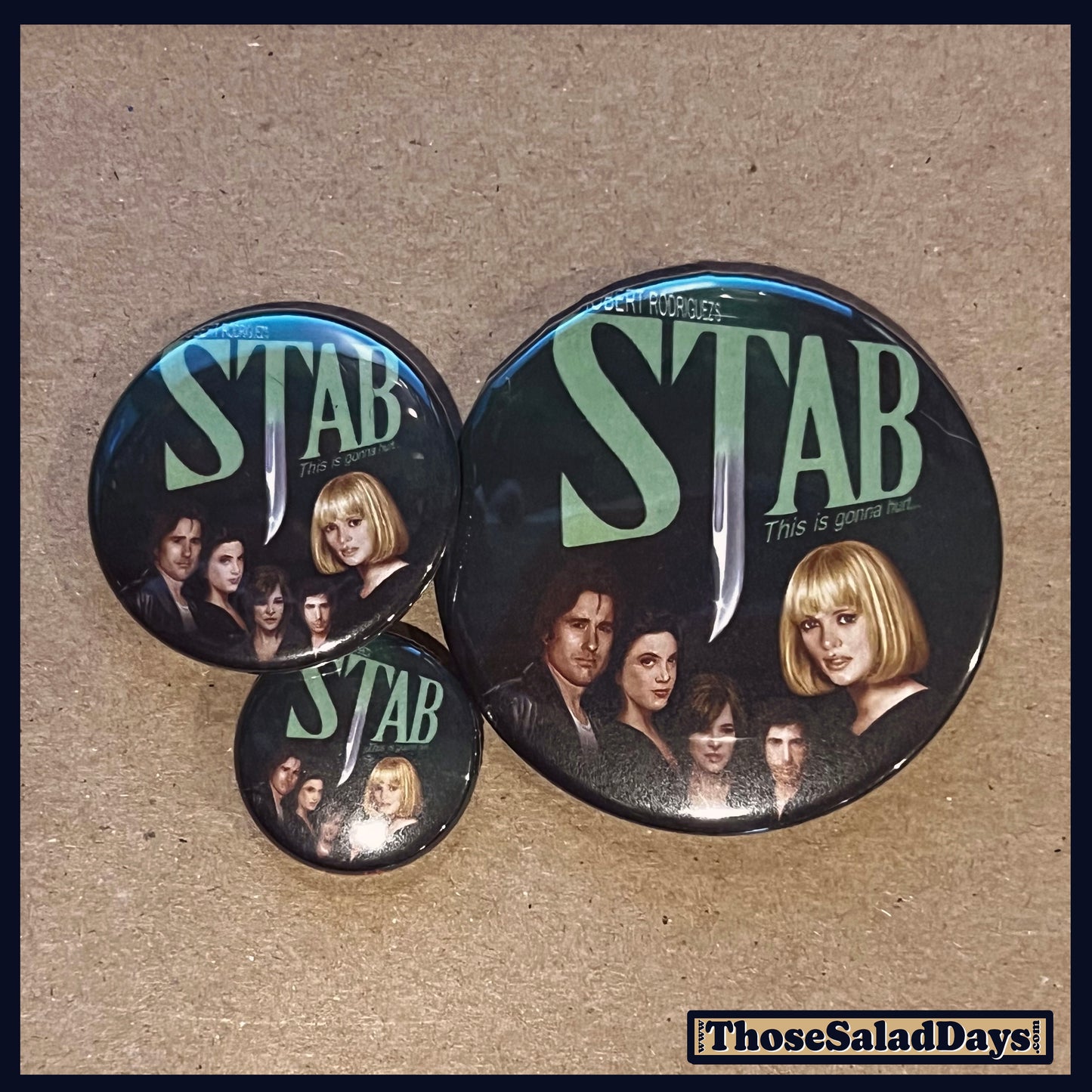 Three 'STAB' buttons with images of people on a brown background