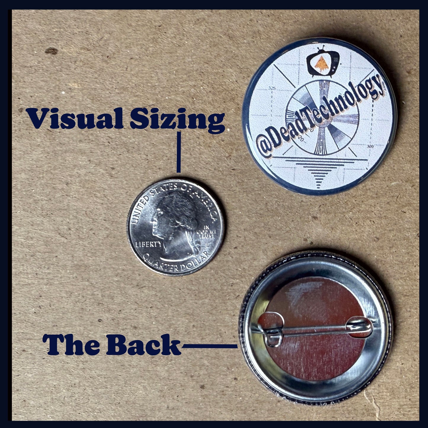 Three buttons with different sizes on a cardboard background, labeled 'Visual Sizing' and 'The Back'.