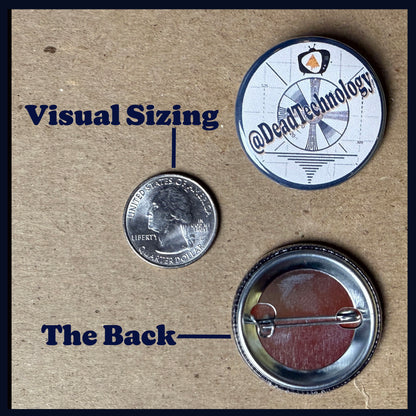 Three buttons with different sizes on a cardboard background, labeled 'Visual Sizing' and 'The Back'.