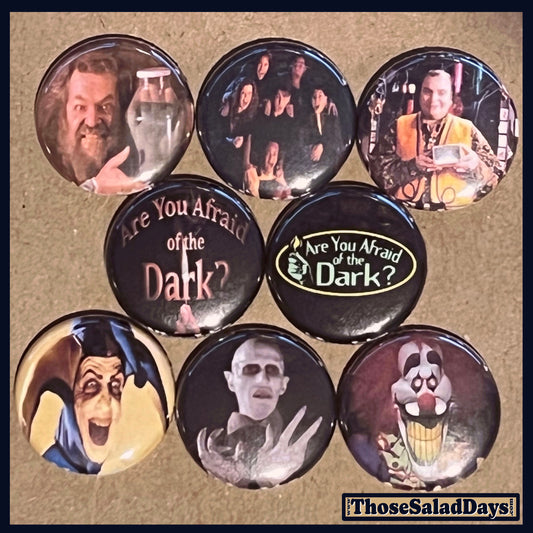 Set of buttons featuring characters and text from 'Are You Afraid of the Dark?' 