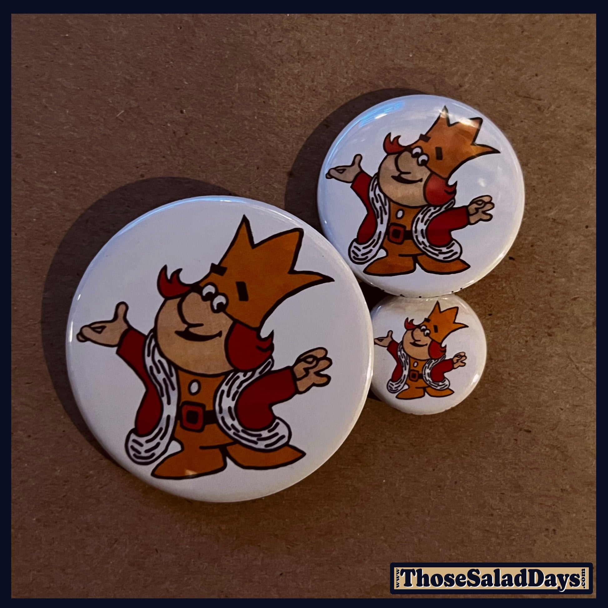 Three circular buttons featuring cartoon characters on a brown background.