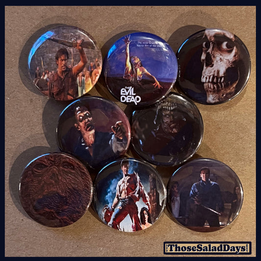 Set of buttons featuring images from 'The Evil Dead' movie on a brown background.