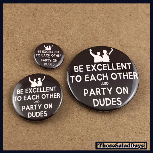 Three buttons with humorous text on a brown background