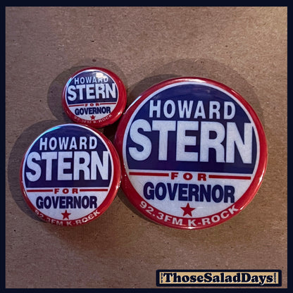 Three buttons with 'Howard Stern for Governor' text on a brown background
