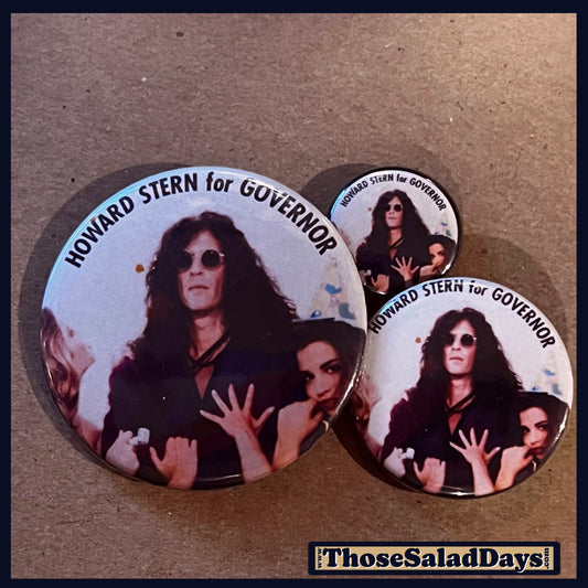 Three buttons featuring images of a person and text 'Howard Stern for Governor' on a brown background.