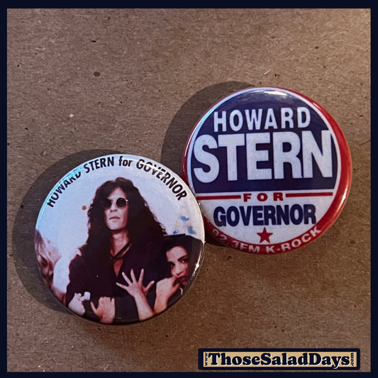 Two buttons featuring Howard Stern for Governor on a brown background