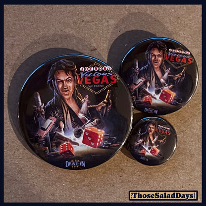 Three buttons of a Last Drive-In Image. One size is 1", 1.5" and 2.25".