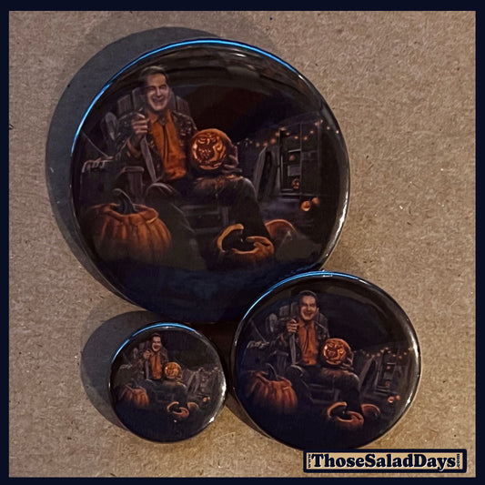 Three buttons of a Last Drive-In Image. One size is 1", 1.5" and 2.25".