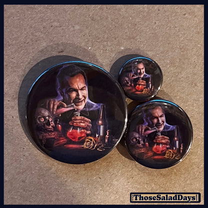 Three buttons of a Last Drive-In Image. One size is 1", 1.5" and 2.25".