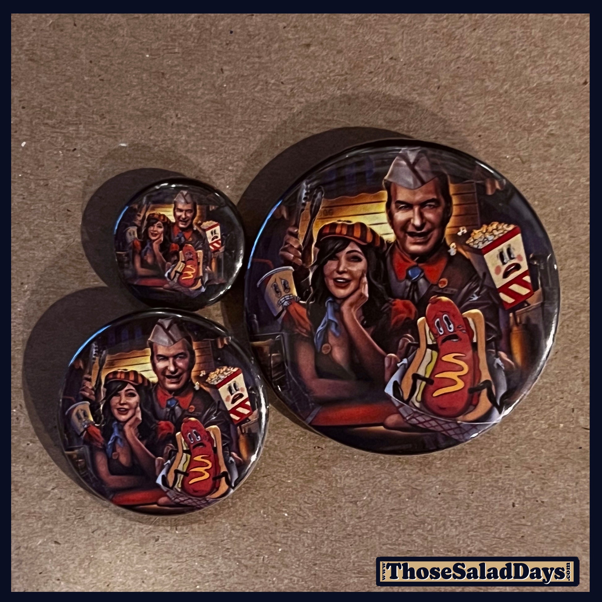 Three buttons of a Last Drive-In Image. One size is 1", 1.5" and 2.25".
