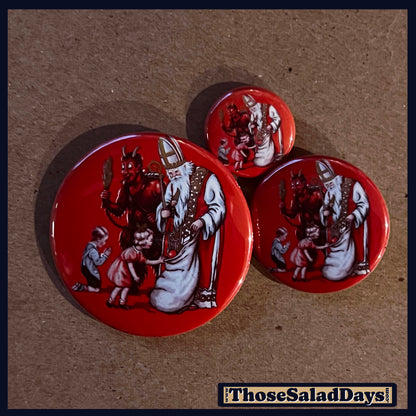 Three buttons of a Krampus Image. One size is 1", 1.5" and 2.25".