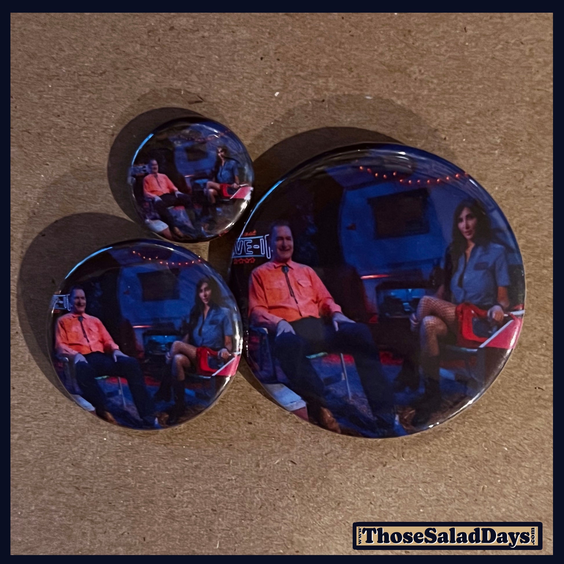 Three buttons of a Last Drive-In Image. One size is 1", 1.5" and 2.25".