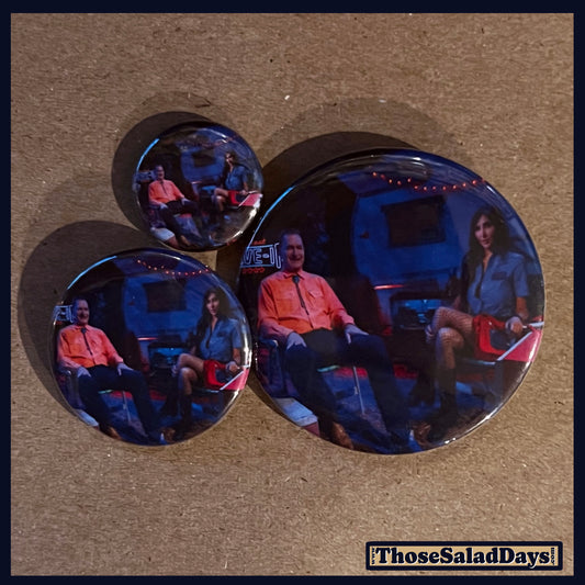 Three buttons of a Last Drive-In Image. One size is 1", 1.5" and 2.25".