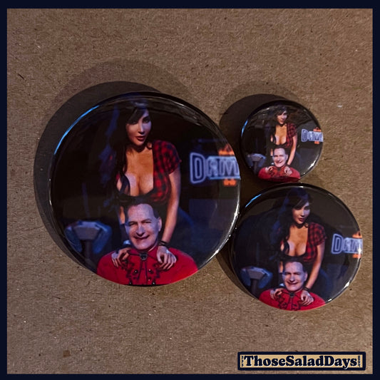 Three buttons of a Last Drive-In Image. One size is 1", 1.5" and 2.25".