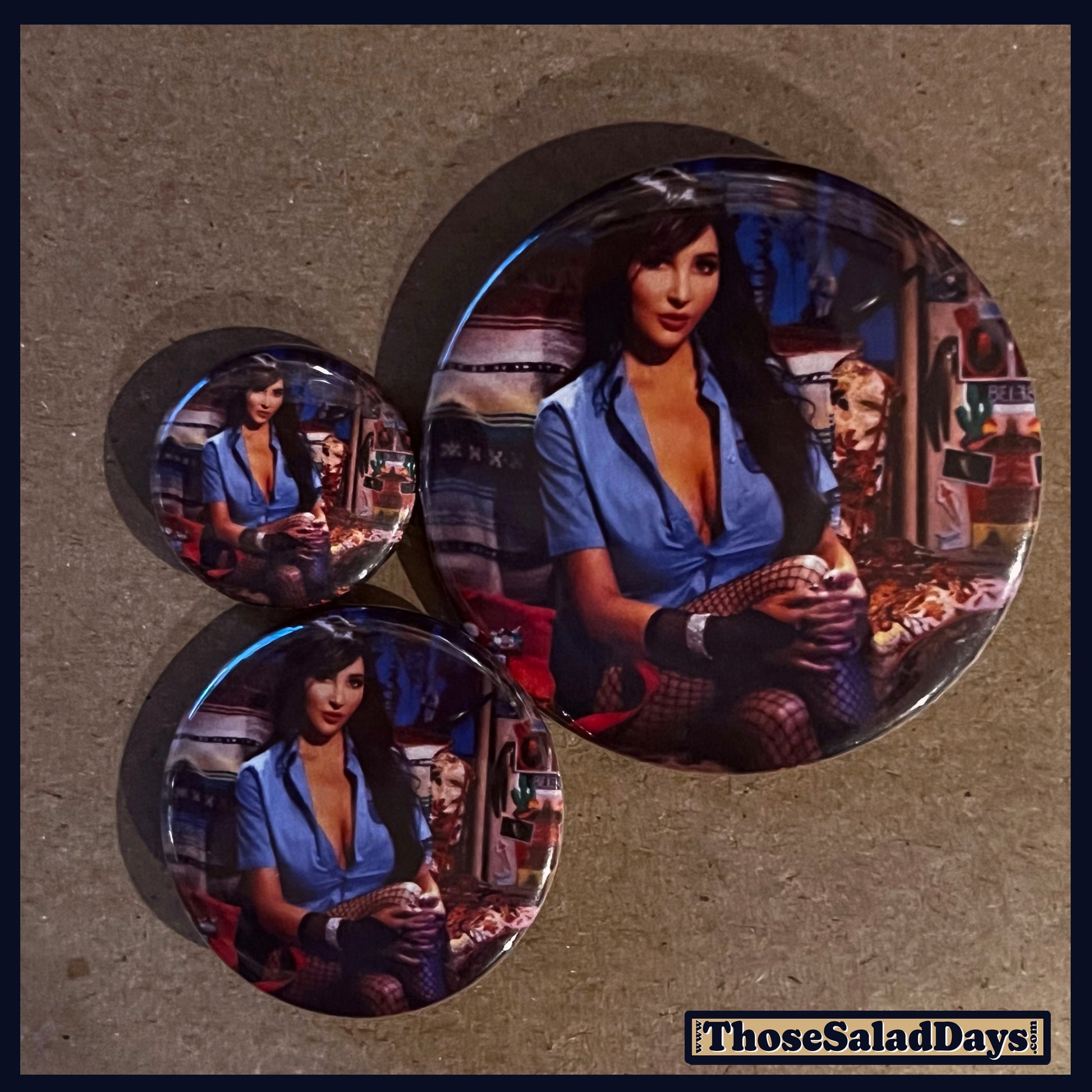Three buttons of a Last Drive-In Image. One size is 1", 1.5" and 2.25".
