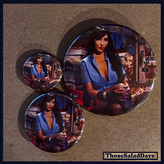 Three buttons of a Last Drive-In Image. One size is 1", 1.5" and 2.25".