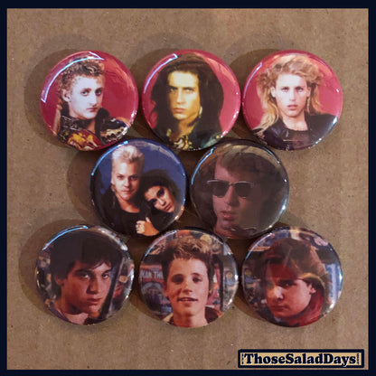 Set of buttons featuring images The Lost Boys on a brown background.