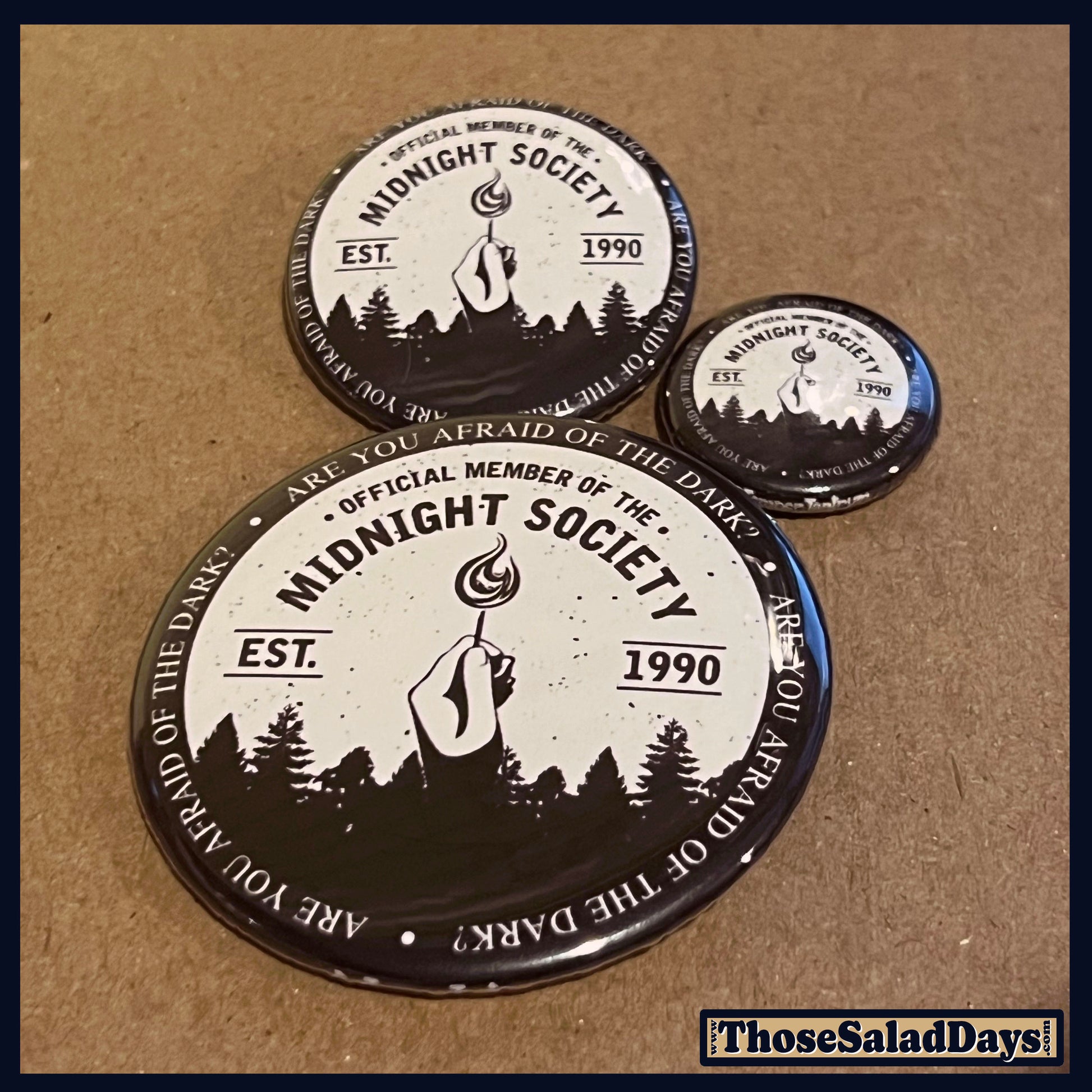 Three 'Midnight Society' coasters on a brown background with 'ThoseSaladDays' branding.