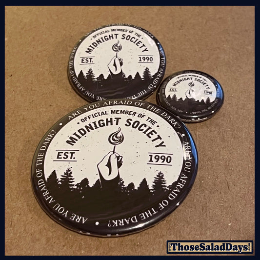 Three 'Midnight Society' coasters on a brown background with 'ThoseSaladDays' branding.