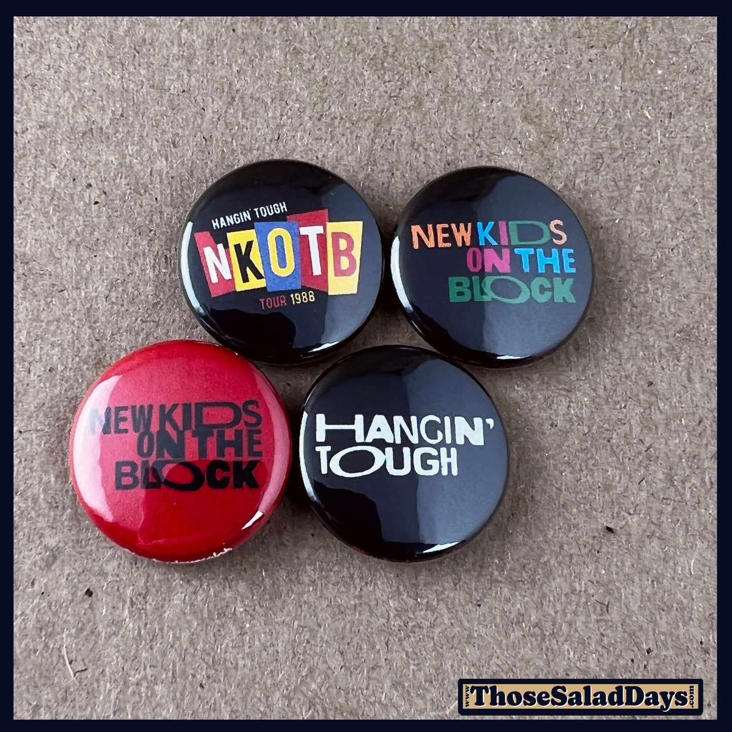 Set of buttons featuring images of the NKOTB on a brown background.