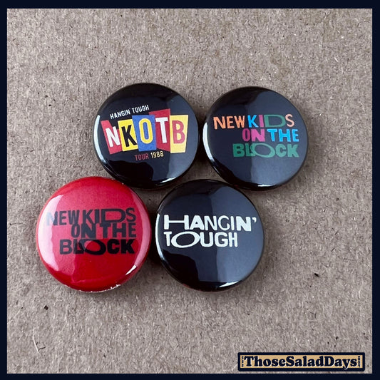 Set of buttons featuring images of the NKOTB on a brown background.