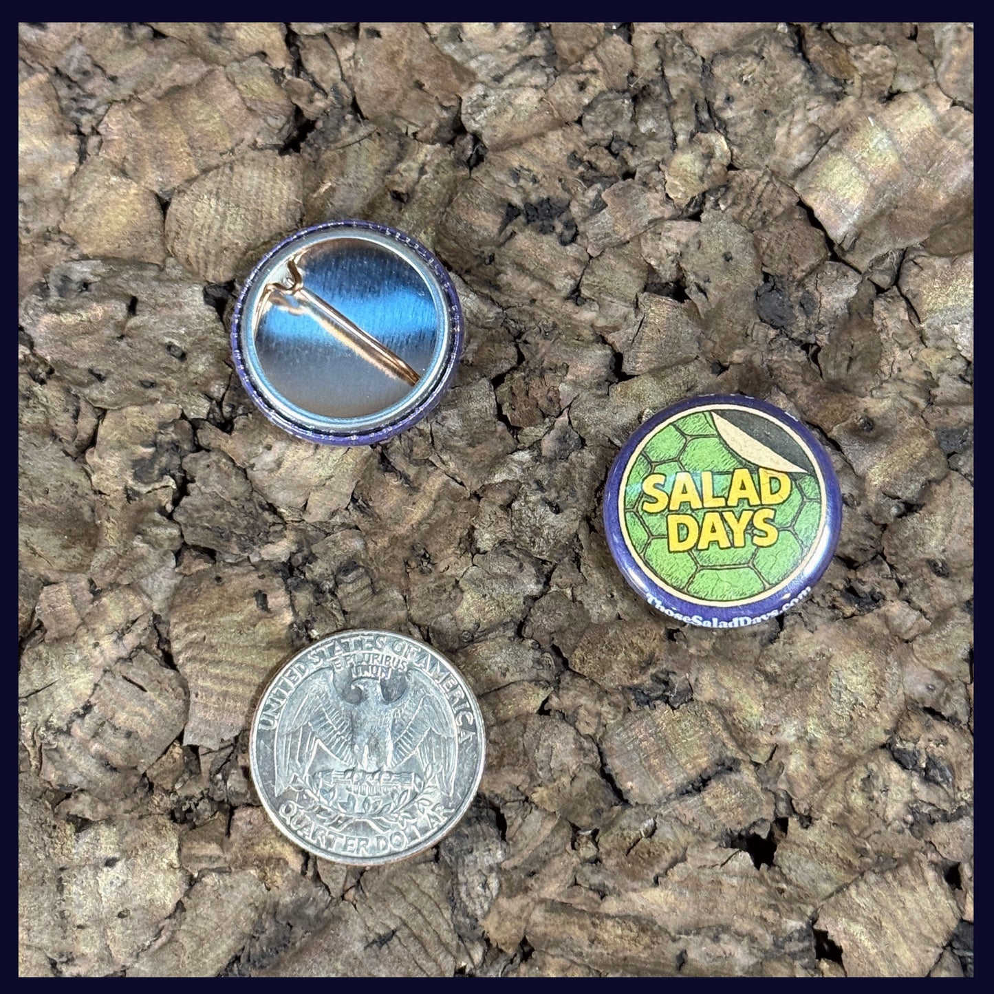 Two buttons on a textured surface with a quarter for scale. Showing the size of the button is 1 Inch.