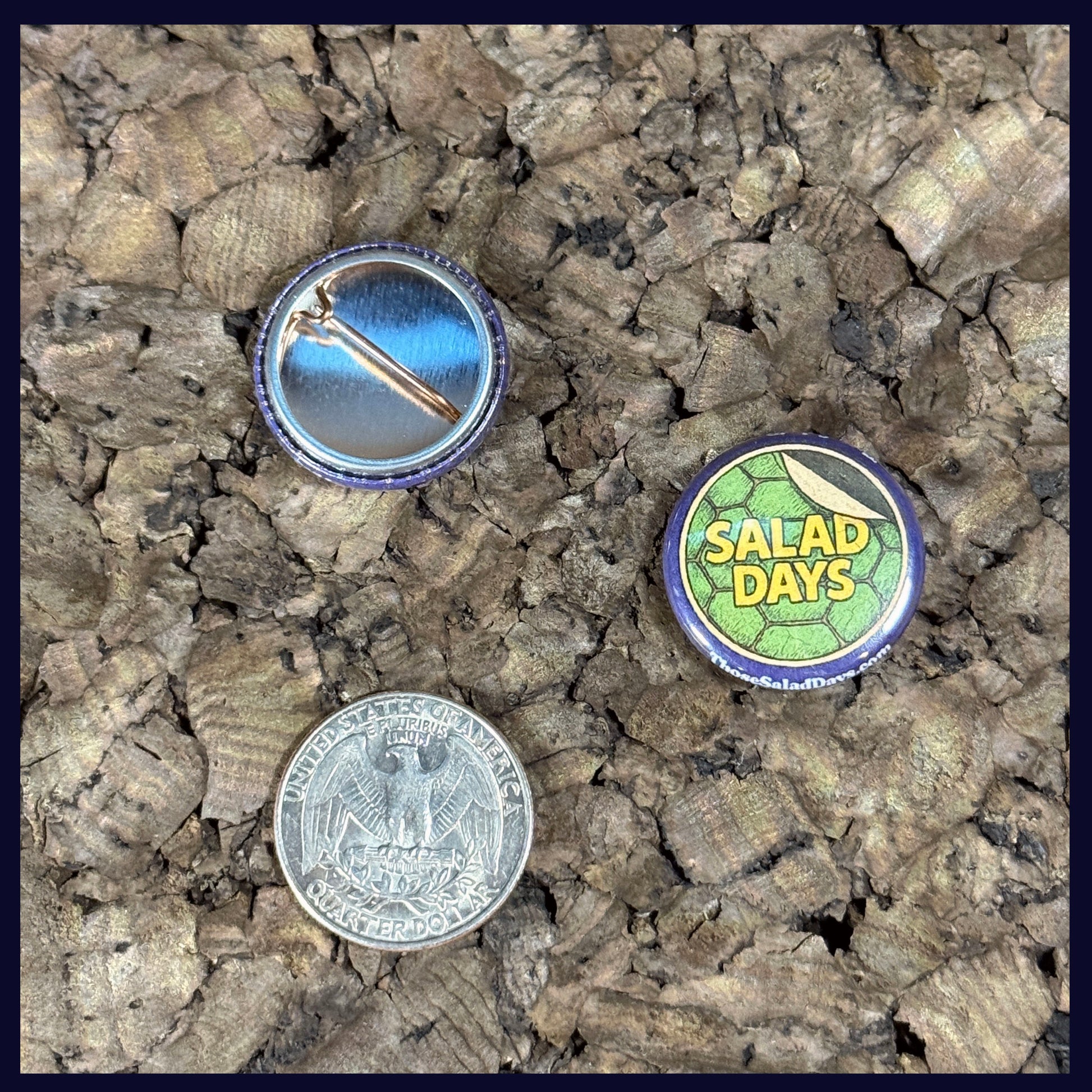 Two buttons on a textured surface with a quarter for scale. Showing the size of the button is 1 Inch.