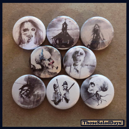 Set of buttons with Scary Stories to Tell in the Dark like images on a brown background
