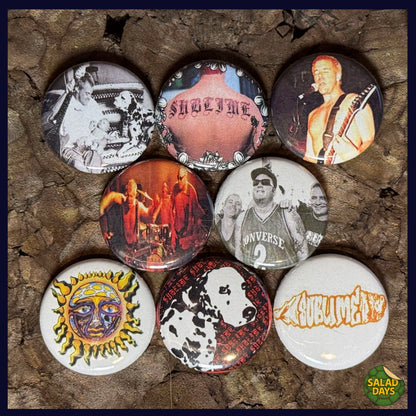 Collection of buttons with various designs of Sublime