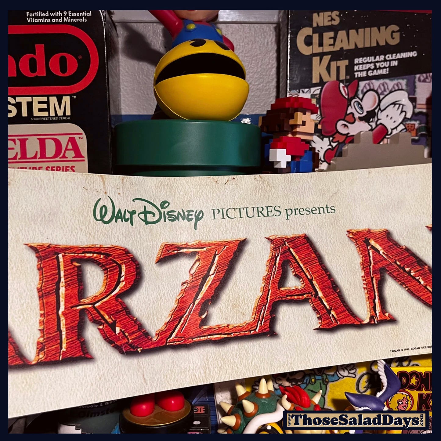 Movie poster for 'The Lion King' with toys and a cleaning kit in the background