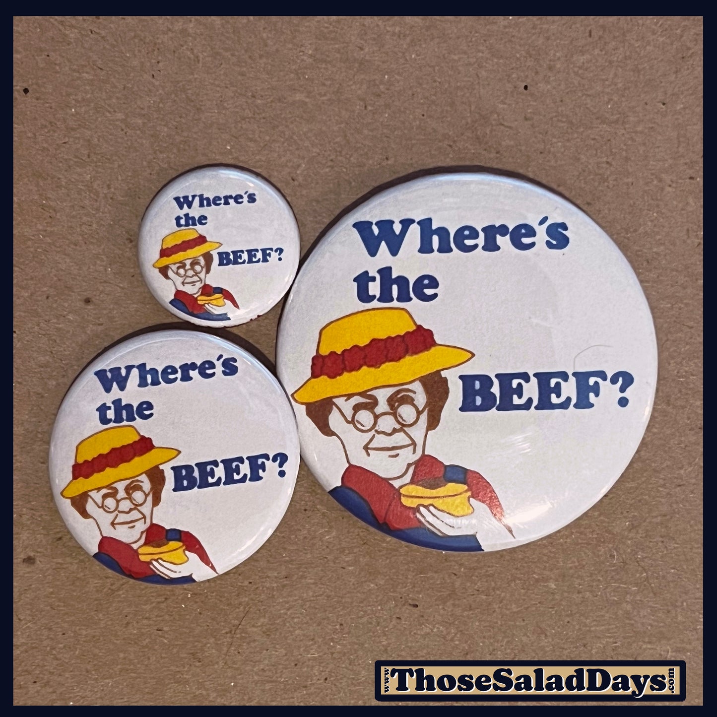 Three buttons with a cartoon character and 'Where's the BEEF?' text on a brown background.