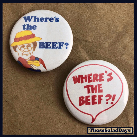 Two buttons with 'Where's the Beef?' text on a brown background